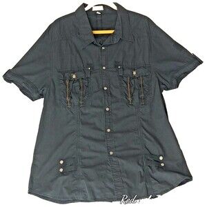 X-Ray Men's Button Down Black w/Brown Stitching on Pockets 2XL Short Sleeve